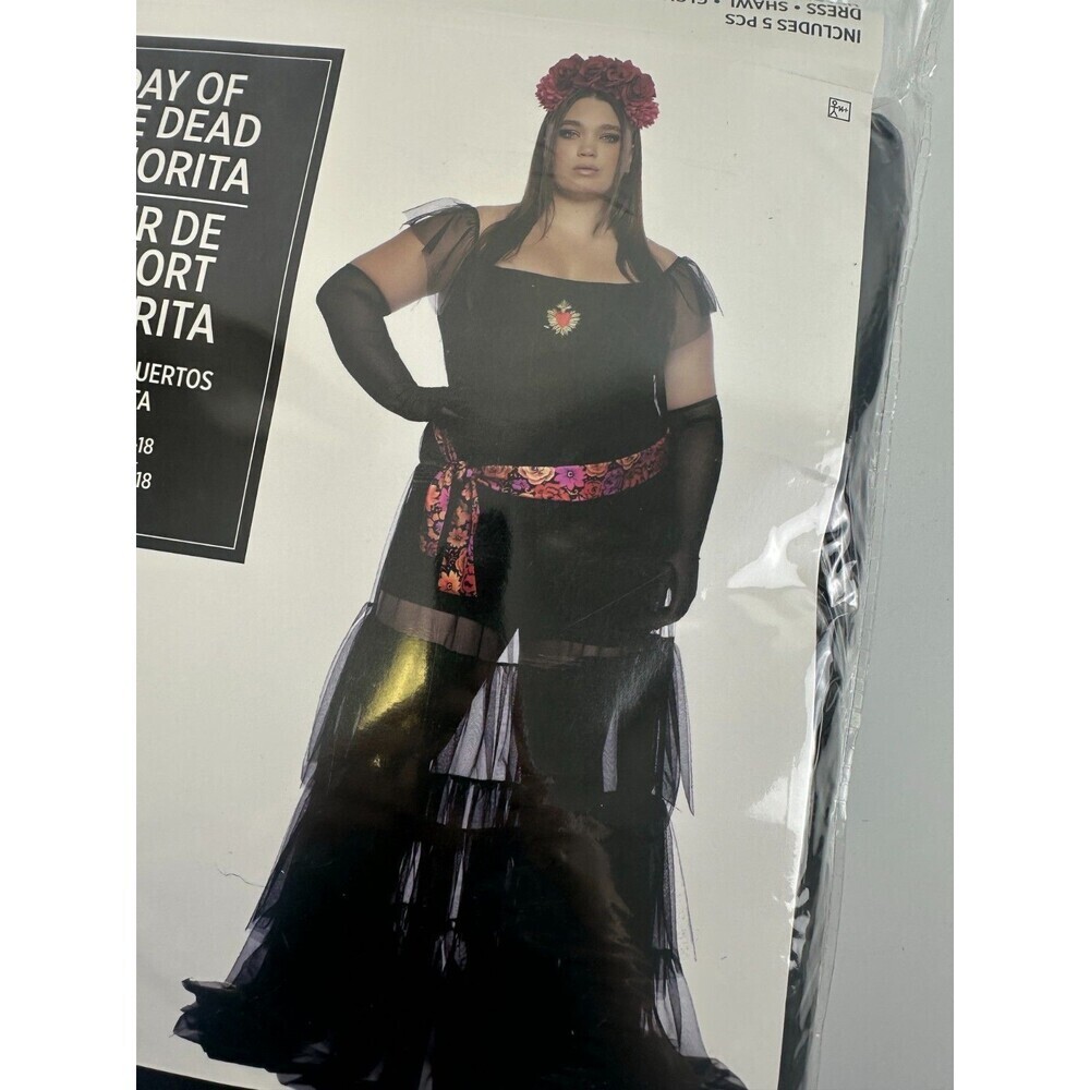 Day Of The Dead Senorita Costume Dress Shawl Gloves Headband Women Plus 2X 16-18